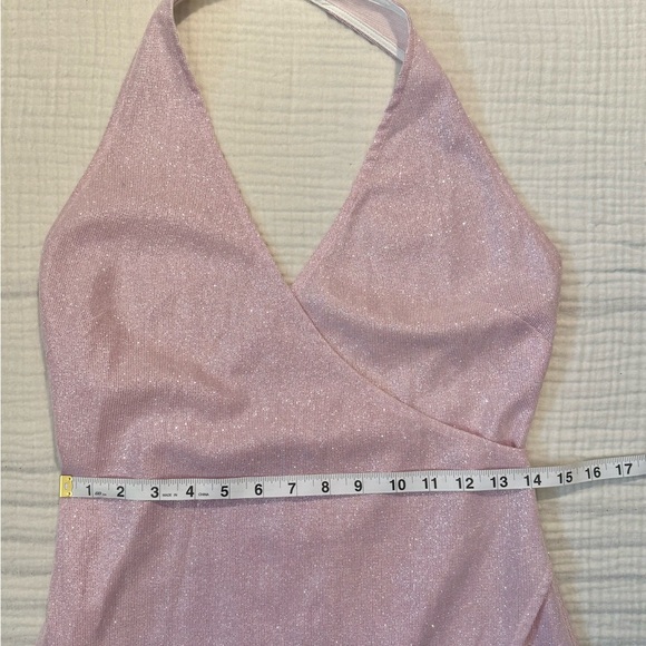 Princess Polly Baby Pink Glittery Felicitie Halter Mini Faux Wrap Dress Size 6 - Picture 7 of 9